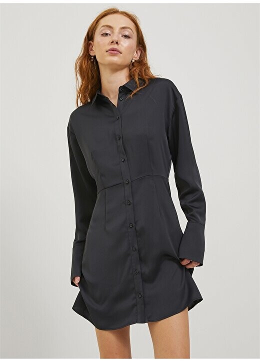 

Классическое однотонное черное мини-женское платье с воротником JXKIMMIE SATIN LS SHORT SHIRT DRESS JJXX, черный