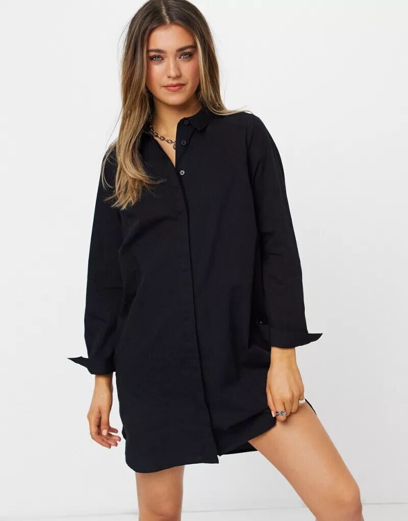 

Черное хлопковое платье-рубашка мини ASOS