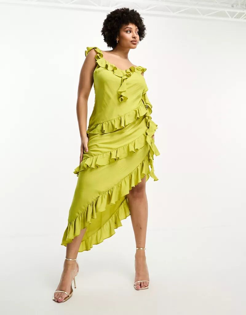 Эксклюзивное оливковое платье макси с драпировкой и оборками ASOS DESIGN Curve