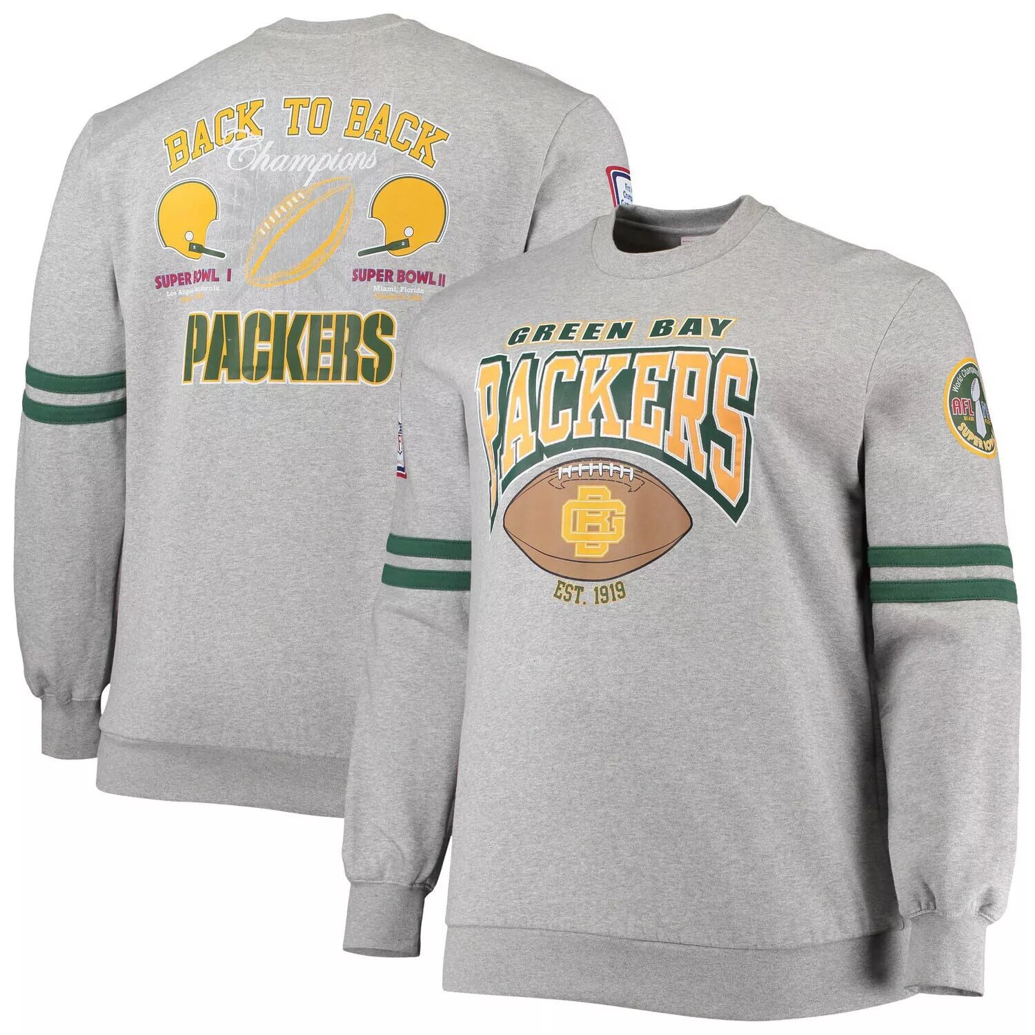 

Мужской пуловер с принтом Mitchell & Ness Heathered Grey Green Bay Packers Big & Tall со сплошным принтом