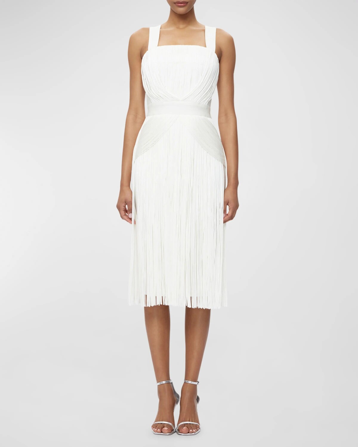 

Платье миди с драпировкой и бахромой Herve Leger, цвет Alabaster