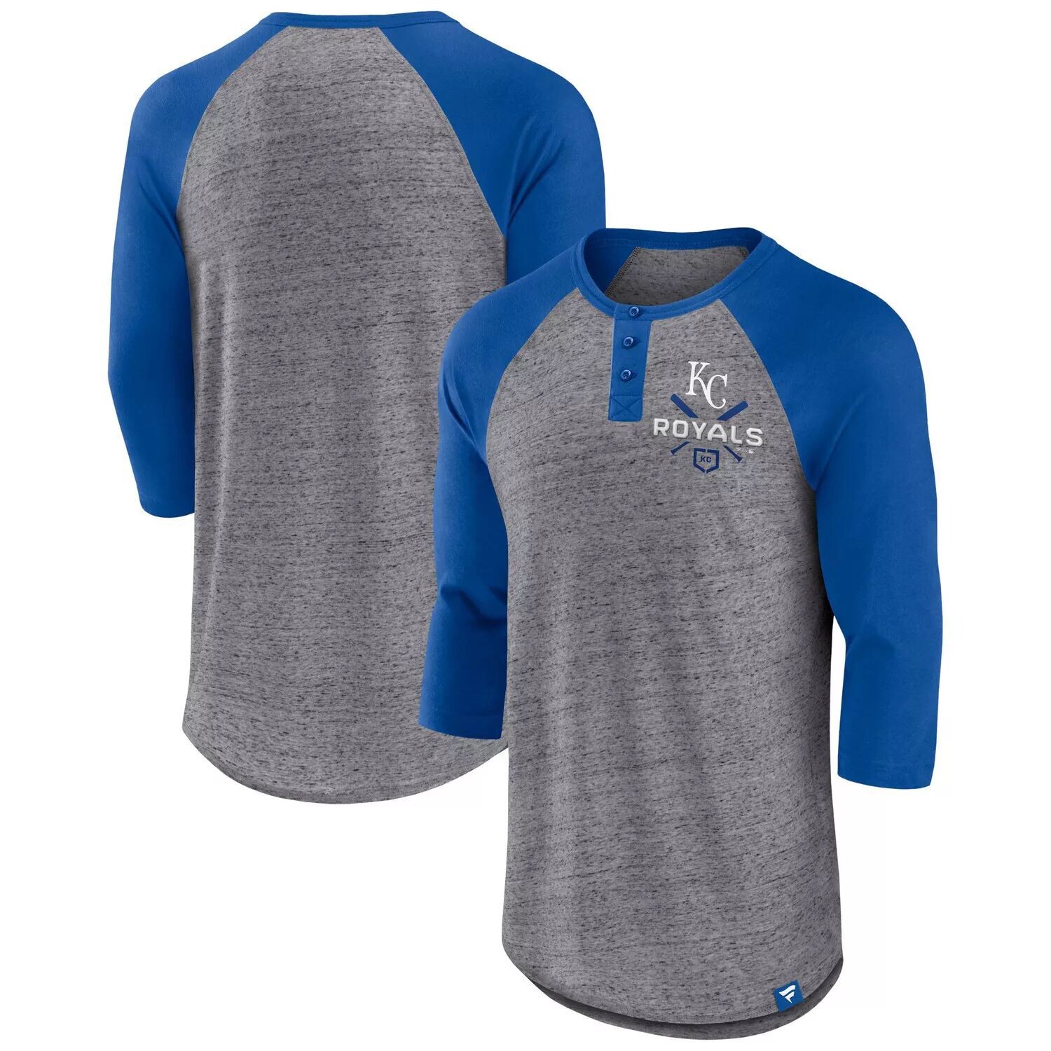 

Мужская футболка Fanatics Branded Heathered Grey/Royal Kansas City Royals Iconic Over Heat в крапинку с рисунком реглан Хенли с рукавами 3/4