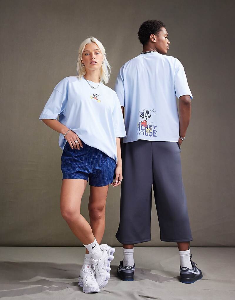 

ASOS DESIGN – Disney – Унисекс – Футболка оверсайз размытого синего цвета с принтом Микки Мауса