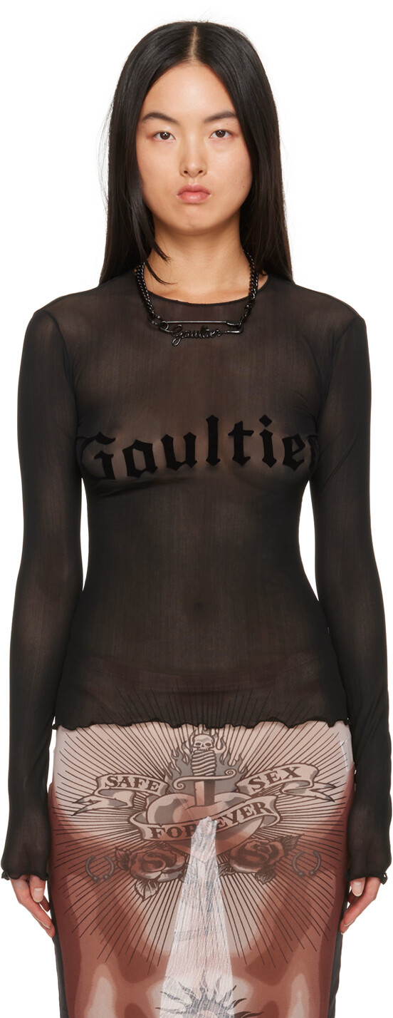 

Черная футболка с длинным рукавом с флоковым принтом Jean Paul Gaultier, Черный