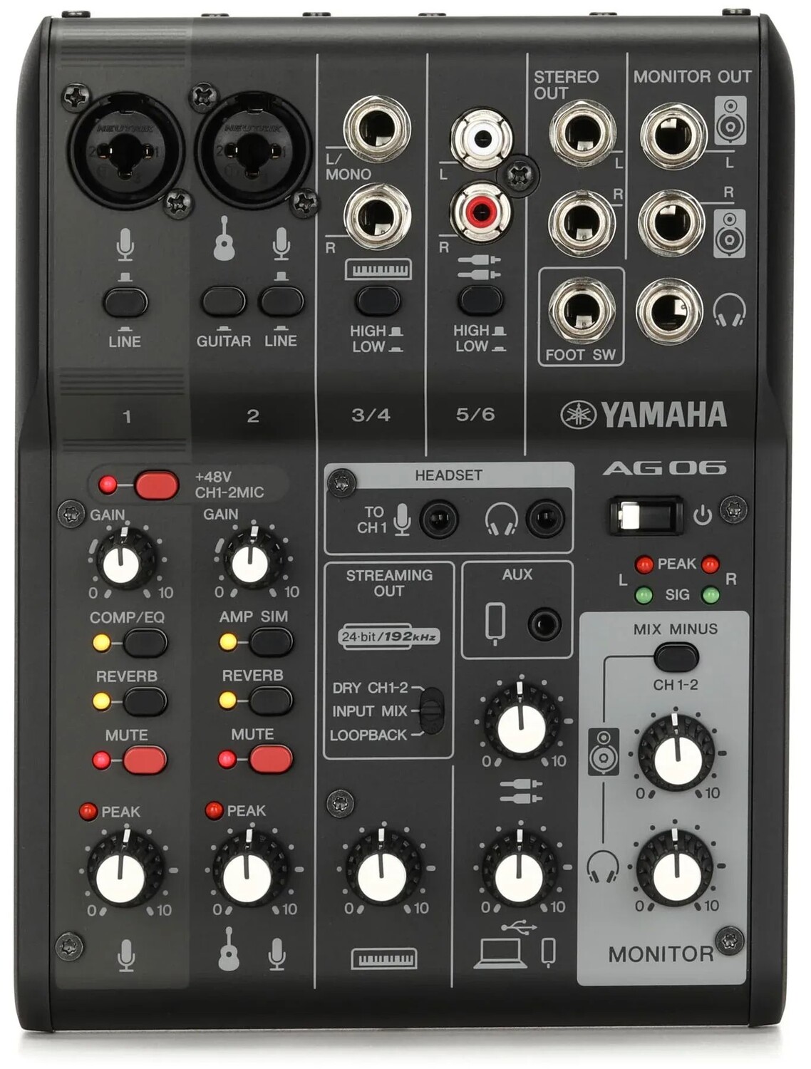 

6-канальный микшер Yamaha AG06 Mk2 и аудиоинтерфейс USB — черный