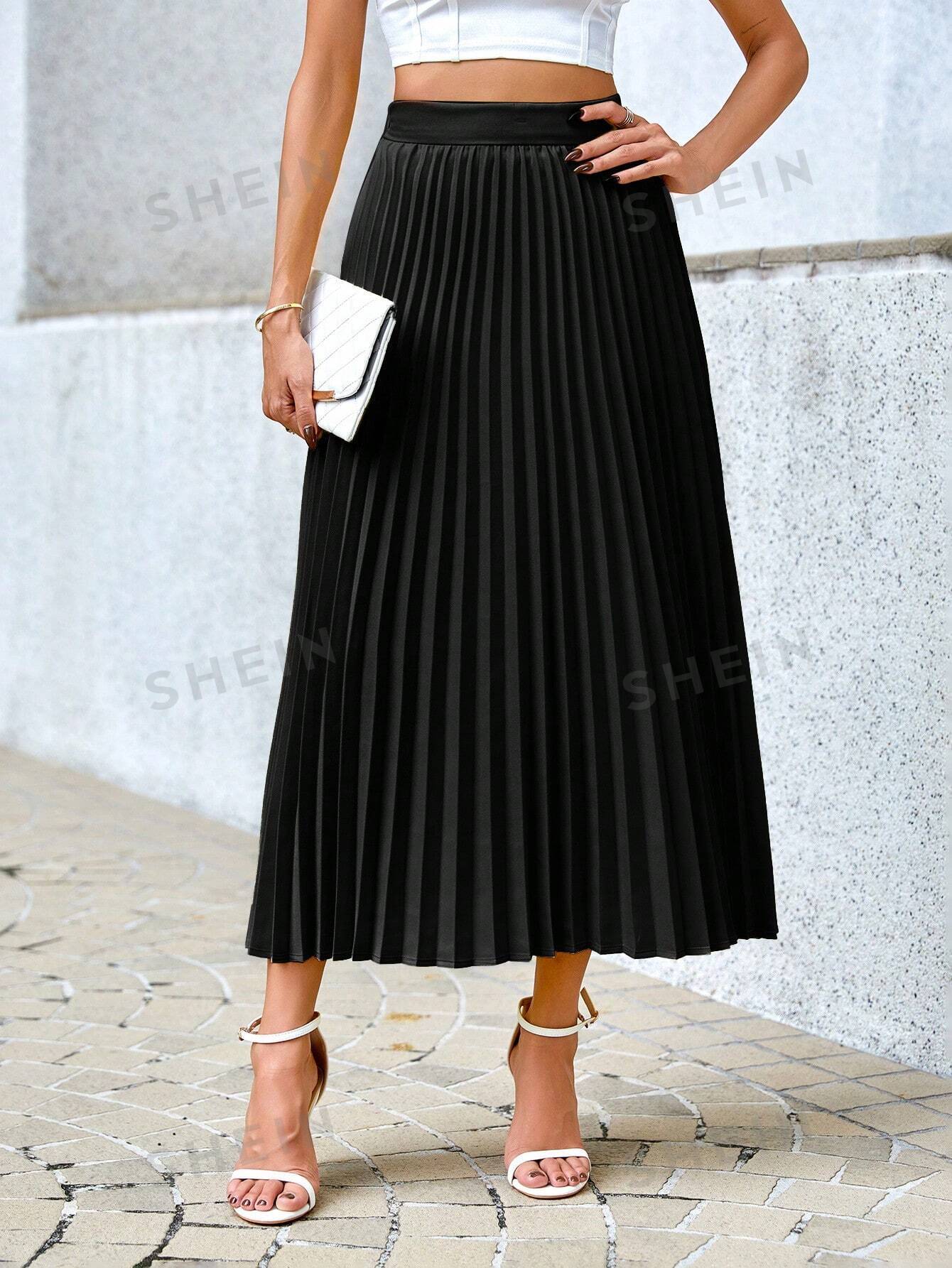SHEIN Privé однотонная повседневная плиссированная юбка, черный женская юбка трапеция в клетку повседневная плиссированная юбка в стиле хиппи