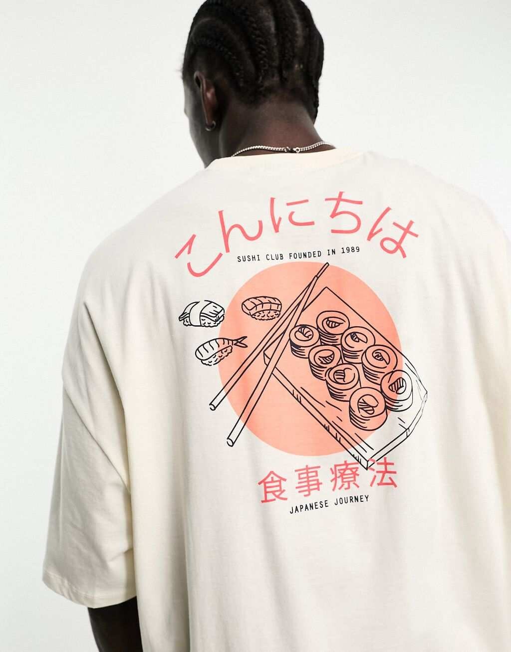 

Бежевая футболка оверсайз с изображением суши на спине ASOS DESIGN
