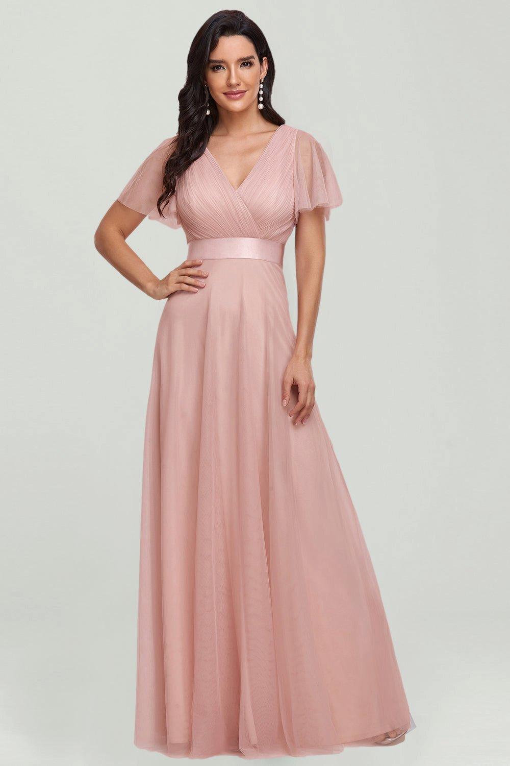 Тюлевые платья для подружек невесты длиной до пола с V-образным вырезом и короткими рукавами Ever Pretty, розовый