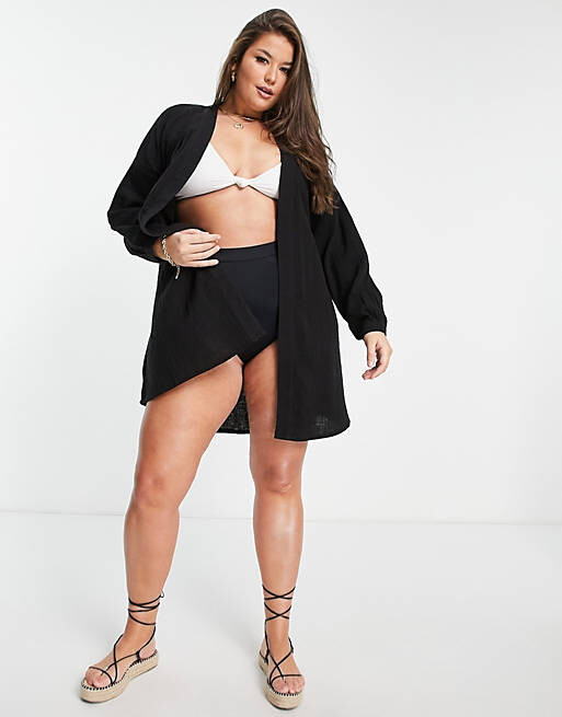 

Черное газовое пляжное кимоно с рукавами-колокольчиками ASOS DESIGN Curve
