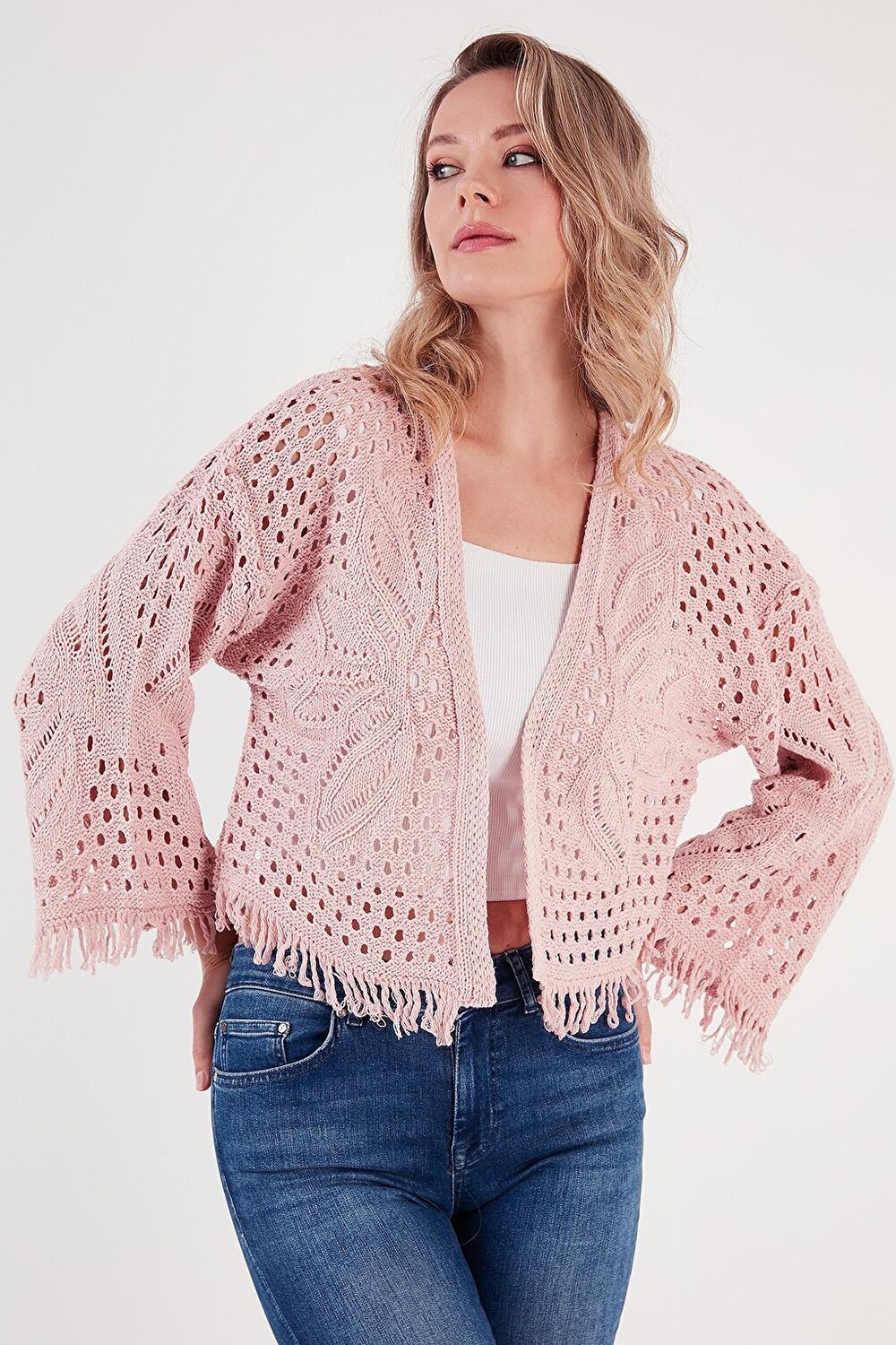 

Ажурный трикотажный кардиган с кисточками 6071569 Lela, светлая сушеная роза