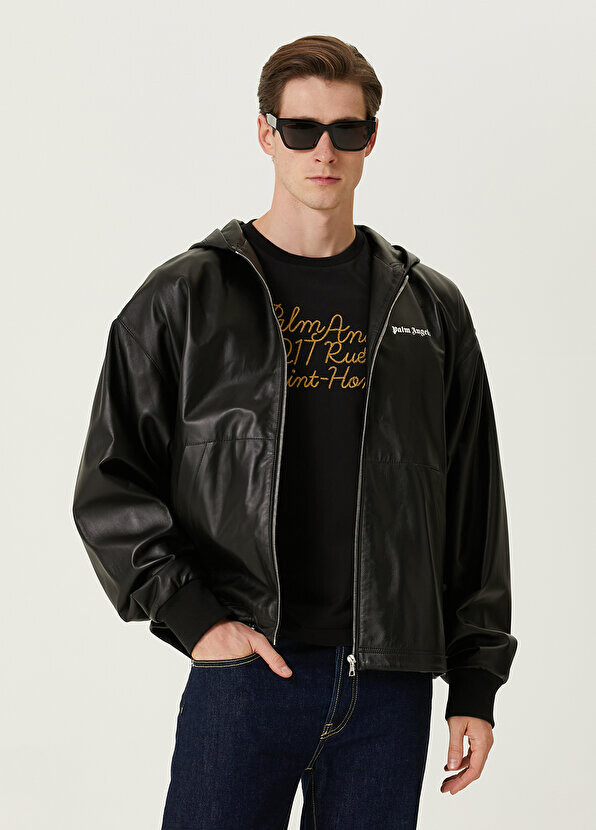 

Черное кожаное пальто с капюшоном и логотипом Palm Angels, Черный
