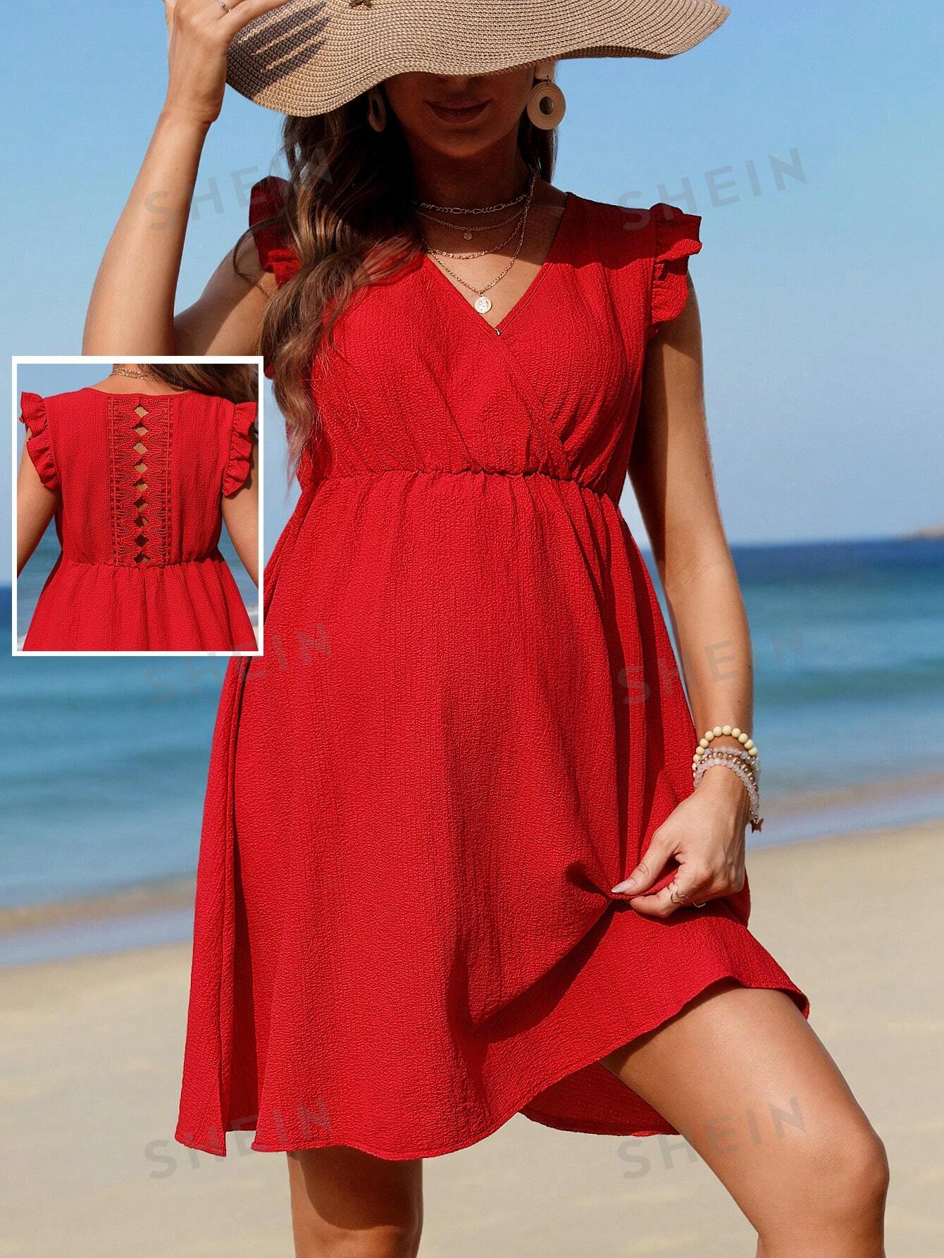 SHEIN Однотонное платье с короткими рукавами для беременных, красный