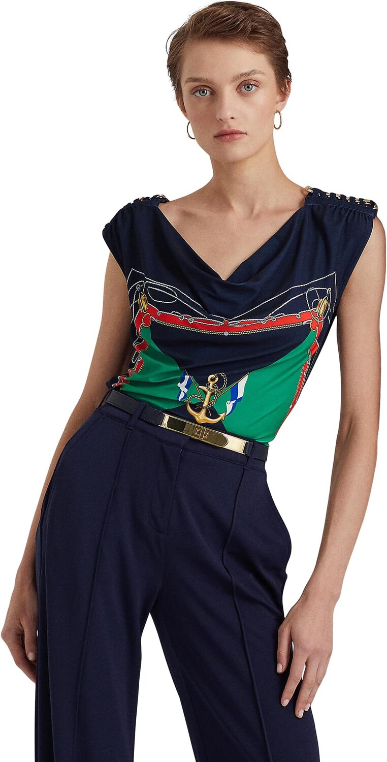 

Трикотажный топ без рукавов с принтом и воротником-хомутом LAUREN Ralph Lauren, цвет Navy/Green Multi