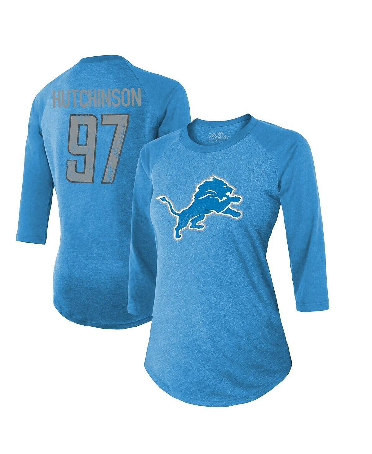 

Женская футболка Aidan Hutchinson Blue Detroit Lions с именем и номером реглан с рукавами 3/4 Majestic, синий