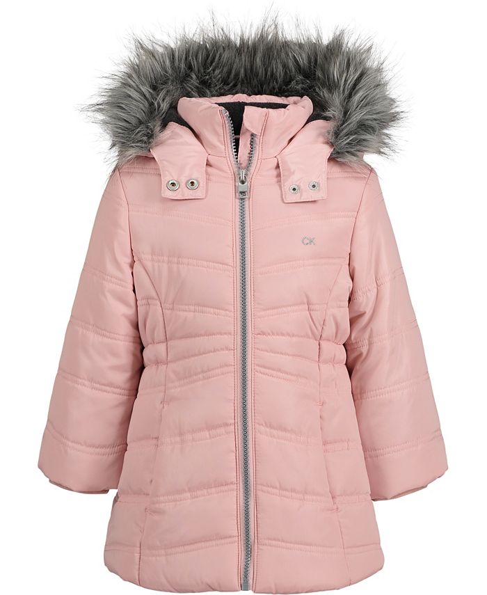 Длинная куртка из искусственного меха с капюшоном для маленьких девочек Calvin Klein, розовый женское пуховое пальто с капюшоном и отделкой из искусственного меха созданное для macy s calvin klein мульти