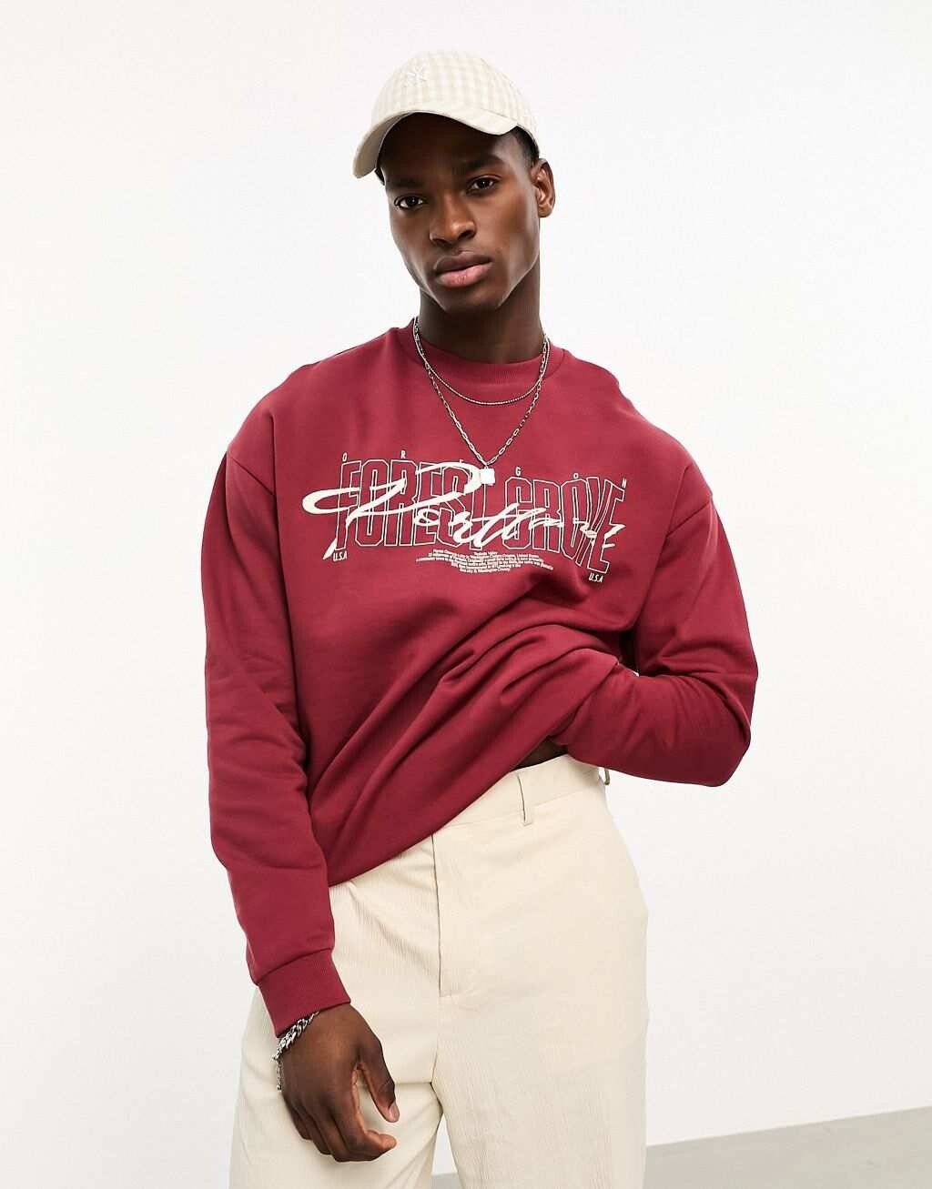 

Бордовый оверсайз-свитшот ASOS DESIGN с городским принтом и вышивкой