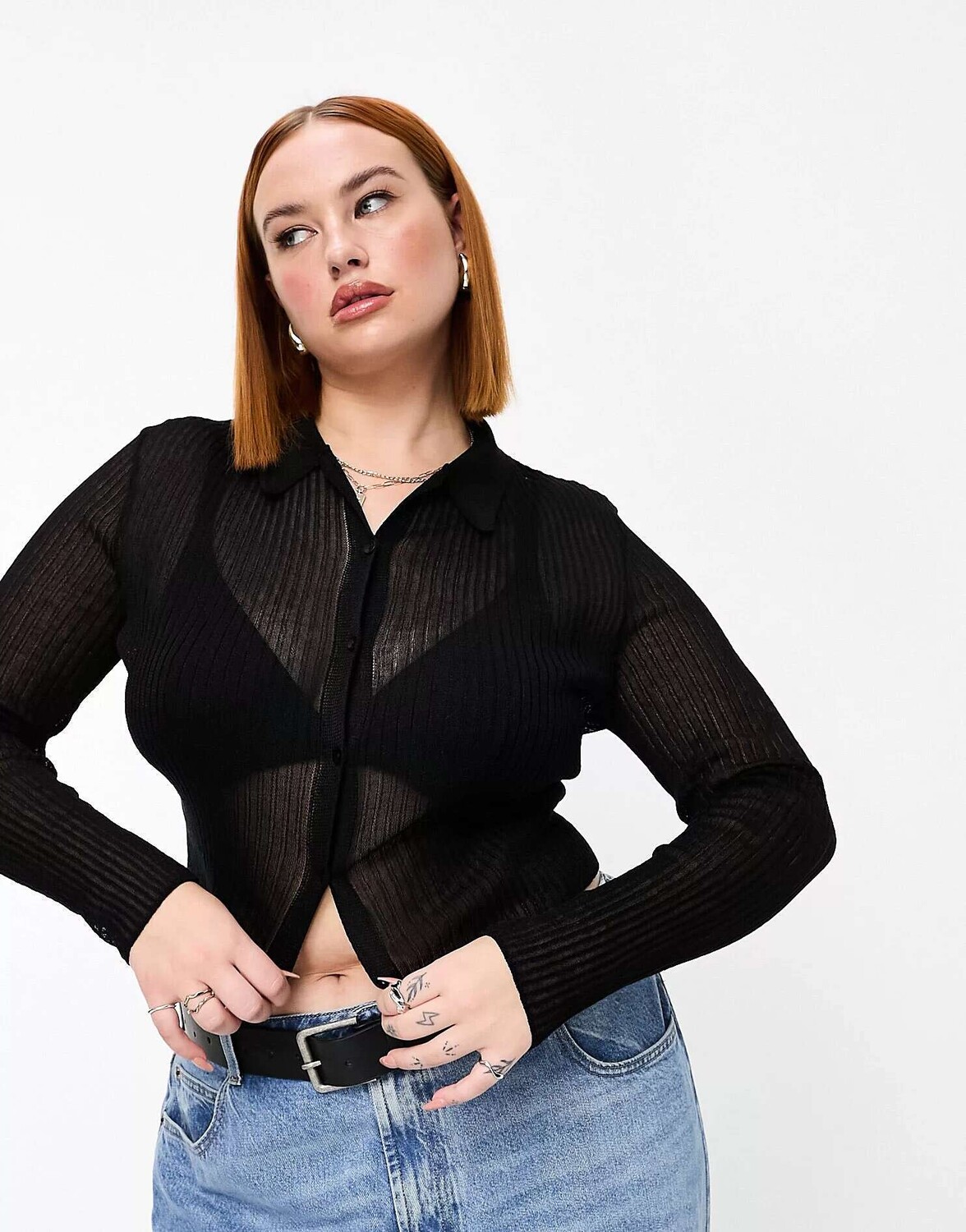 

ASOS DESIGN Curve Черный вязаный топ на пуговицах с воротником