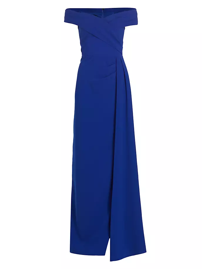 Платье из крепа с открытыми плечами и драпировкой Teri Jon By Rickie Freeman, синий