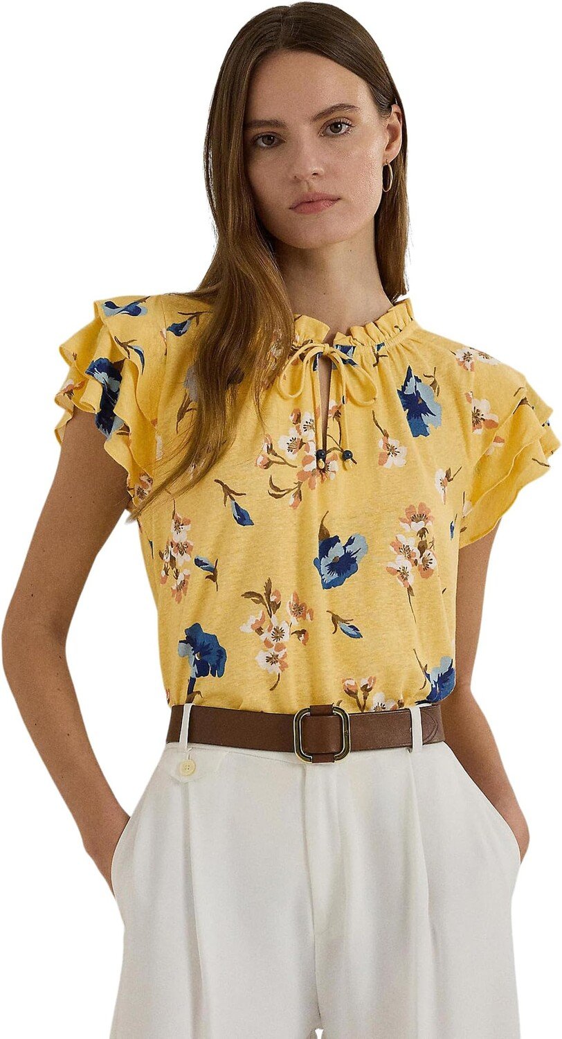 

Топ Lauren Ralph Lauren Petite Floral Linen-Blend Jersey Tie-Neck Top, цвет Yellow Multi