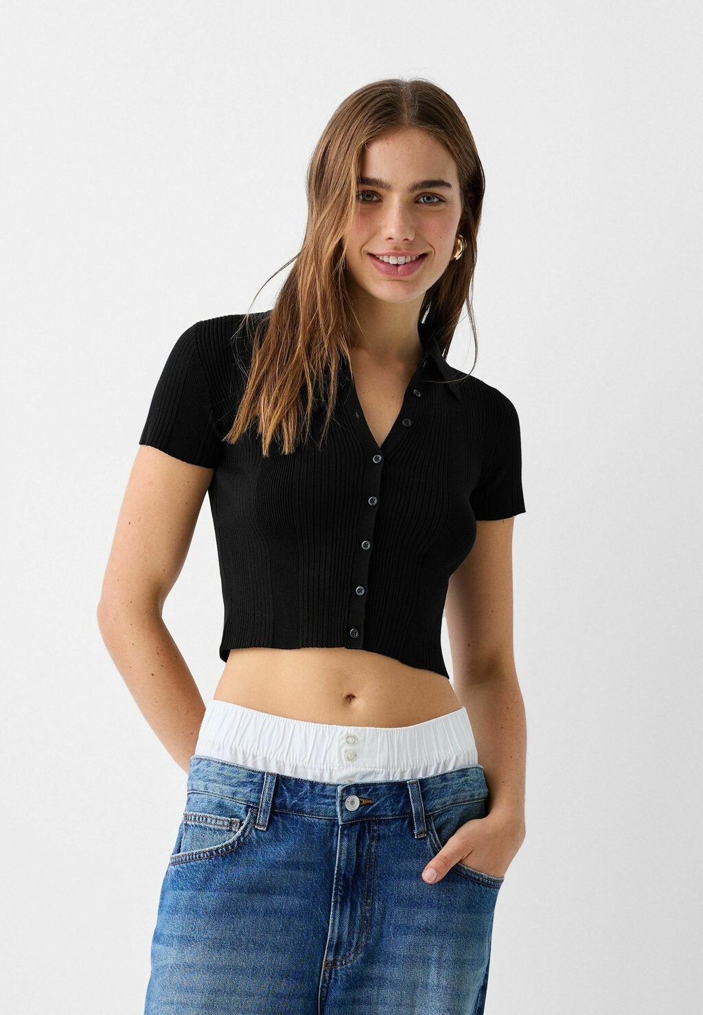 

Блузка-рубашка BUTTONED SHORT SLEEVE Bershka, цвет black