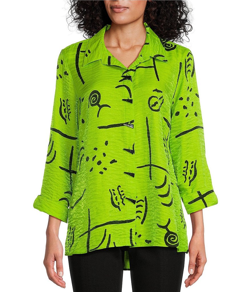 Рубашка с воротником-стойкой с абстрактным принтом, отворотом 3/4 и пуговицами спереди с высоким и низким подолом Multiples, зеленый