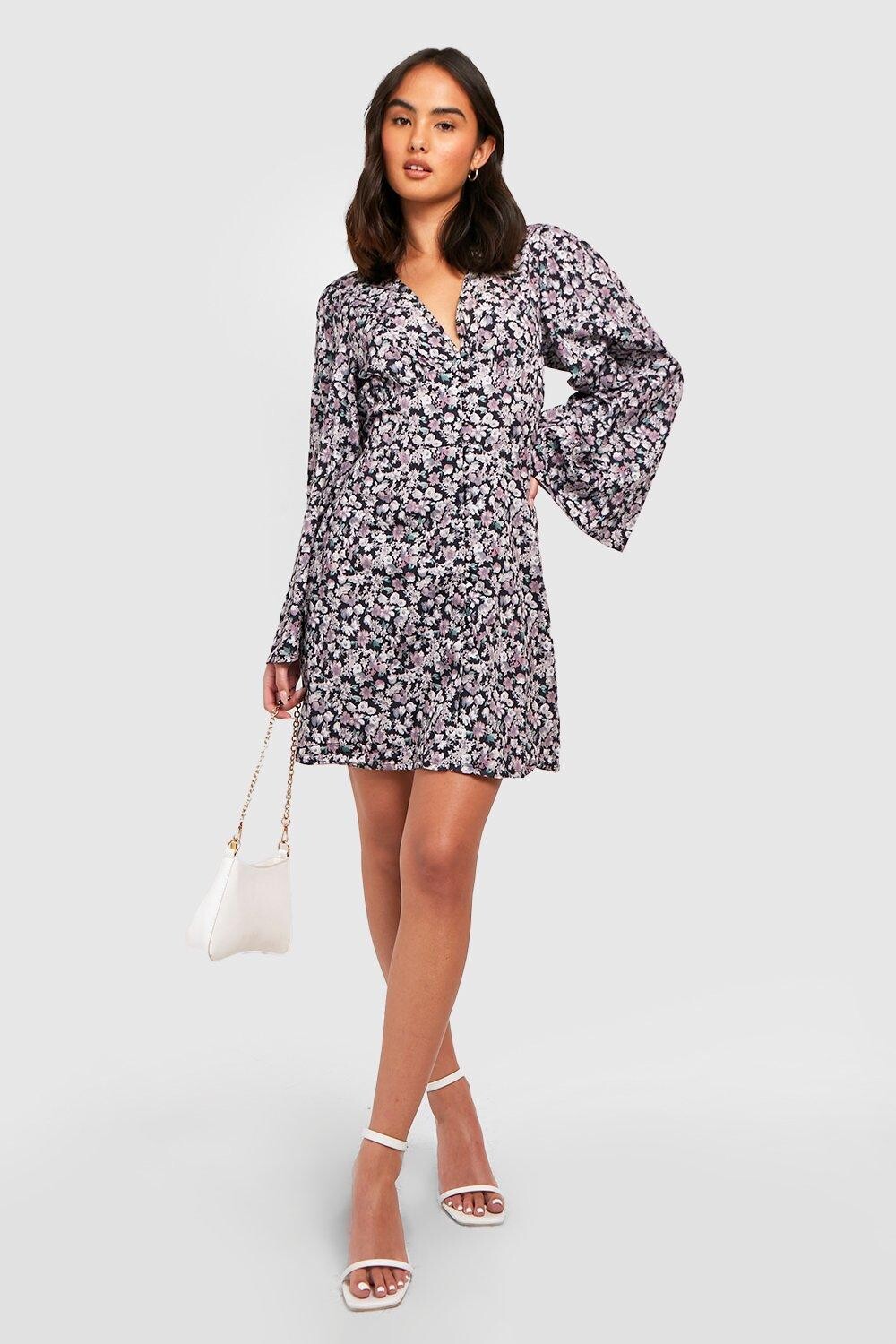 

Тканое платье с цветочными рукавами Boohoo, черный