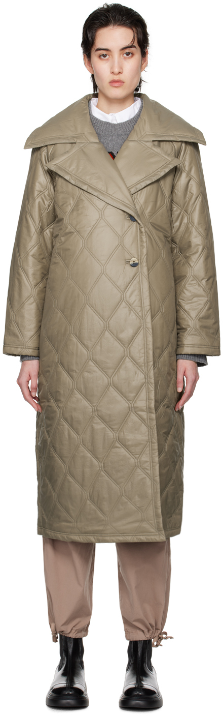 Коричневое стеганое пальто Ganni цена и фото