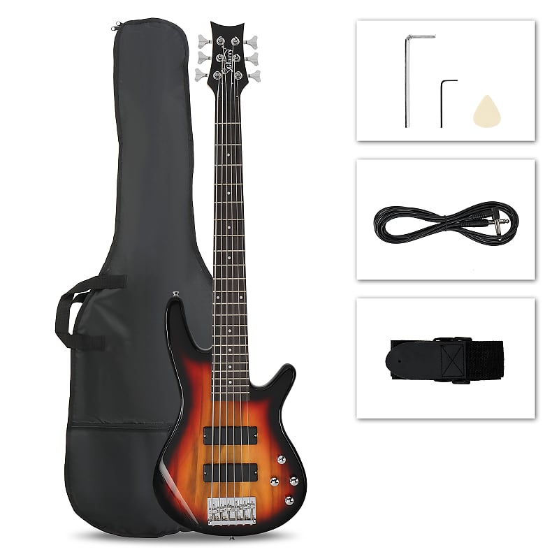 цена Басс гитара Glarry Full Size GIB 6 String H-H Pickup Electric Bass Guitar Bag Strap Pick Connector Wrench Tool 2020s - Sunset Color