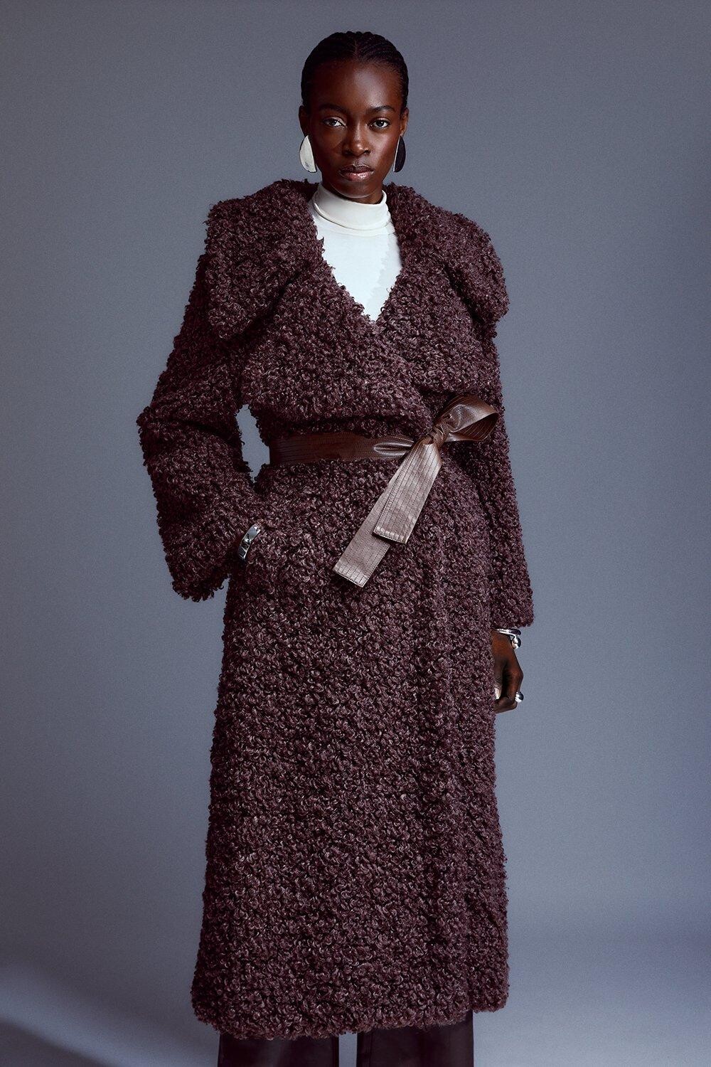 

Пальто миди в стиле тедди с поясом Karen Millen, коричневый