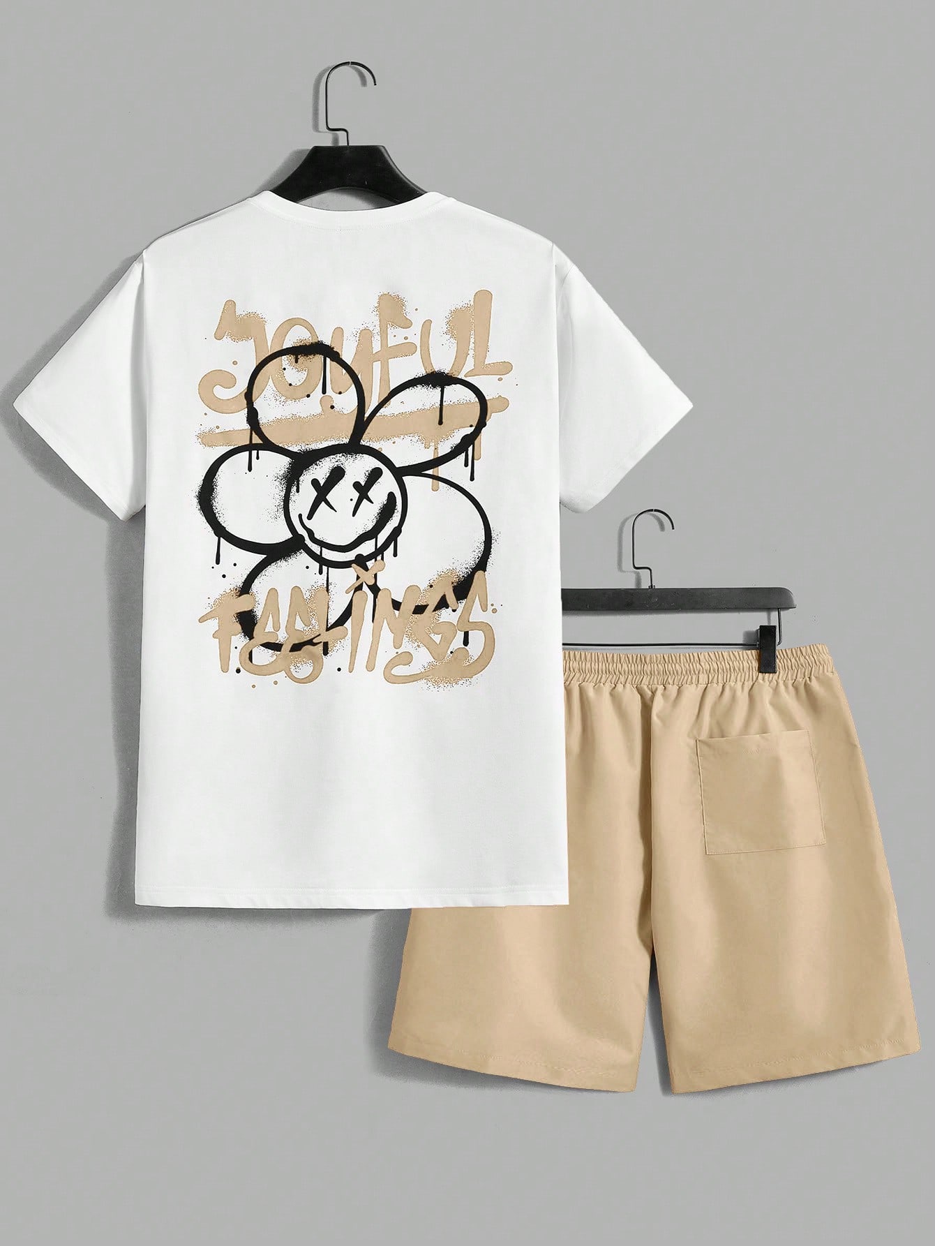 Мужской комплект из футболки и шорт с короткими рукавами Manfinity EMRG с цветочным принтом и буквенным принтом, хаки