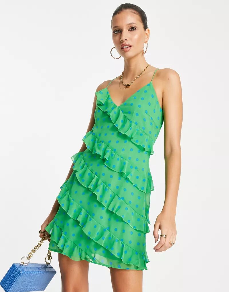 Зеленое платье мини с рюшами в горошек Mango