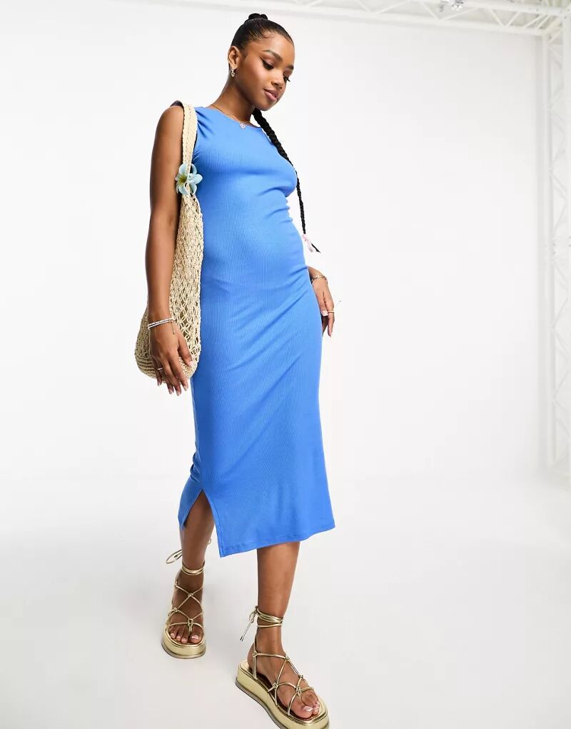 Синее облегающее трикотажное платье миди без рукавов Vero Moda