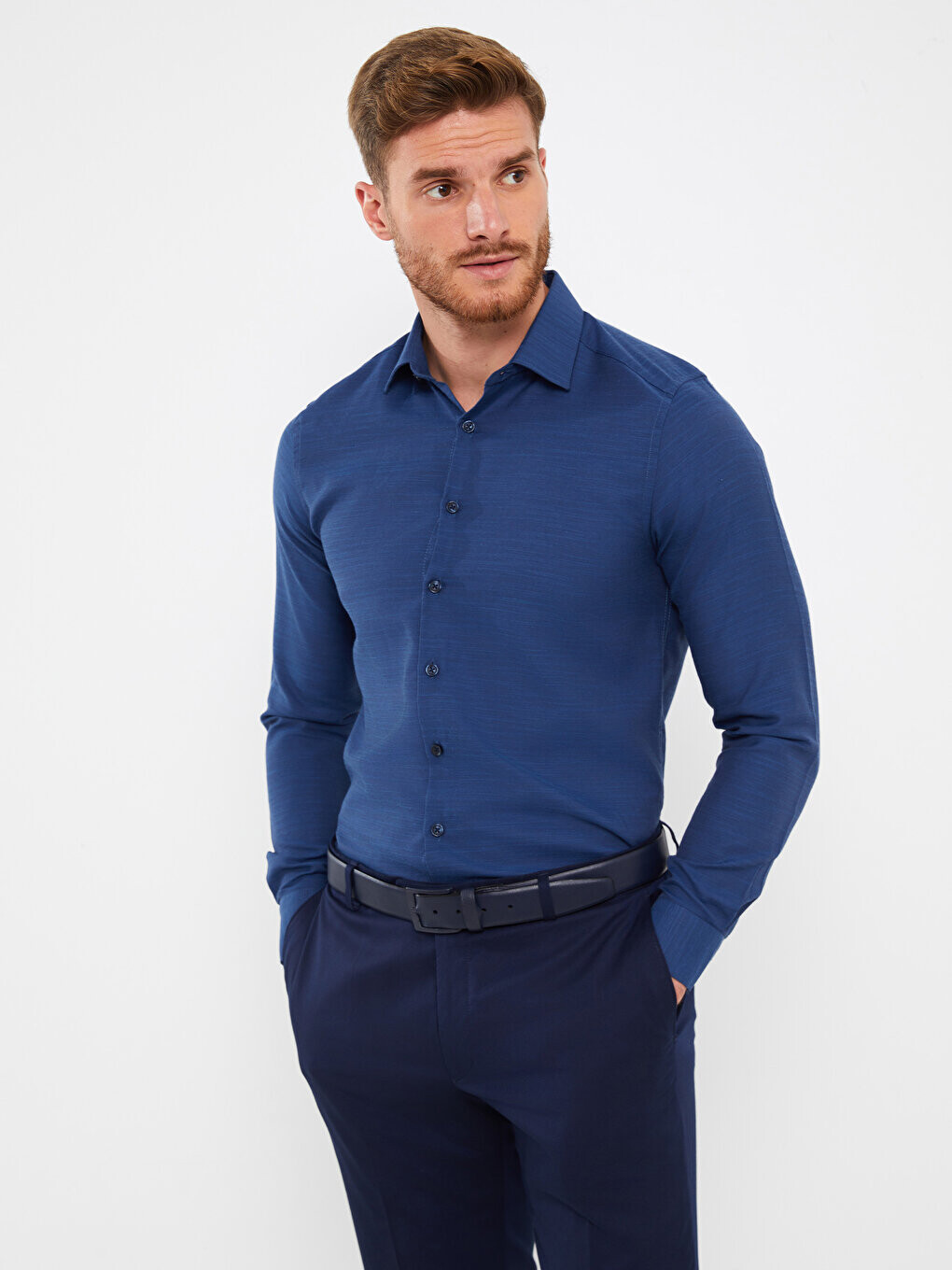 

Мужская рубашка Добби Slim Fit с длинным рукавом LCWAIKIKI Formal, темно-синий