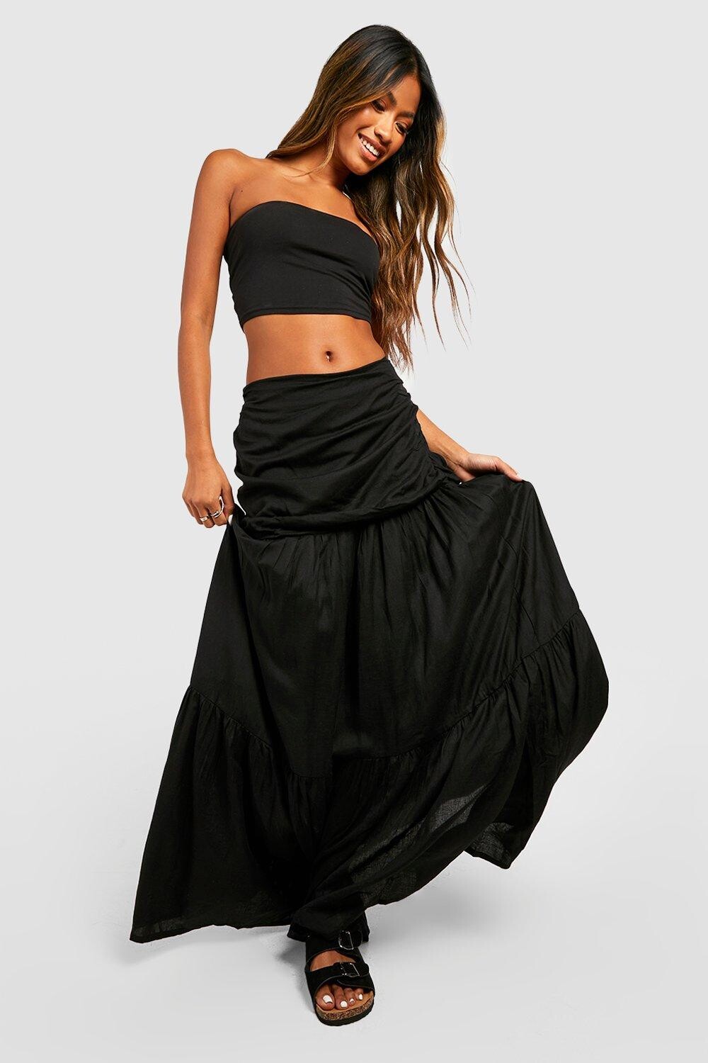 

Льняная ярусная юбка макси в пол Boohoo, черный