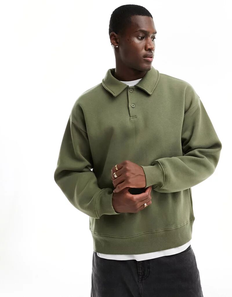 Selected Homme — объемный свитер цвета хаки с воротником-поло фотографии