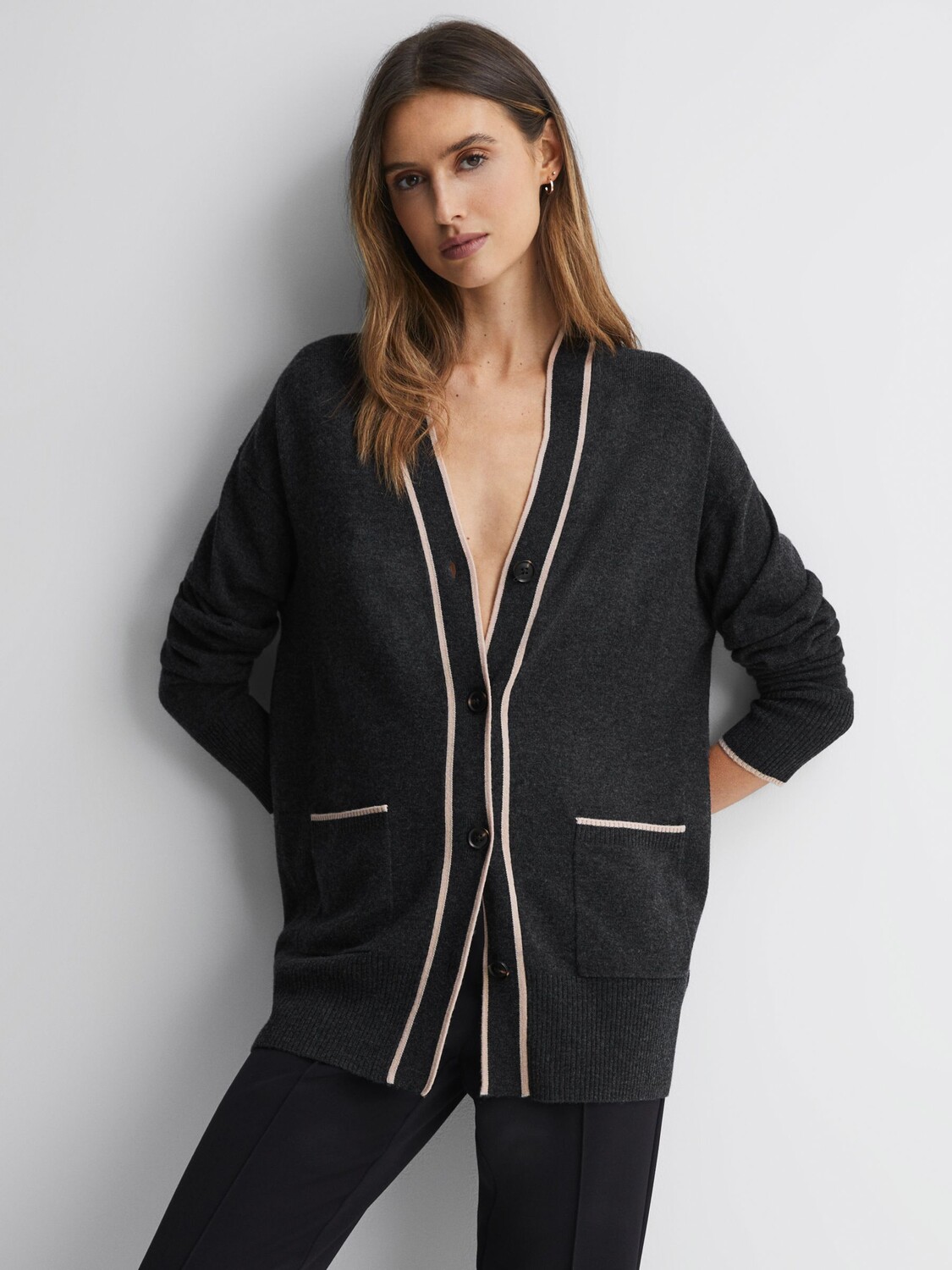 

Кардиган Reiss Carly из смеси шерсти и кашемира, угольно-телесный