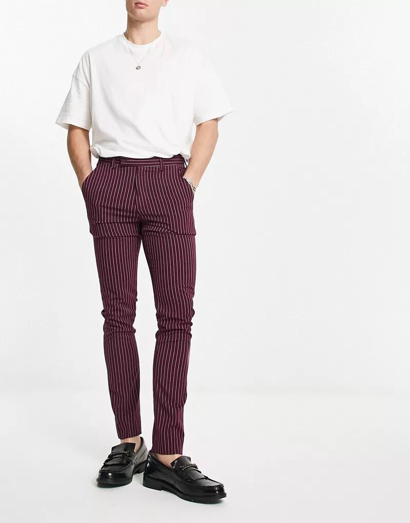 

Бордовые брюки узкого кроя в тонкую полоску ASOS