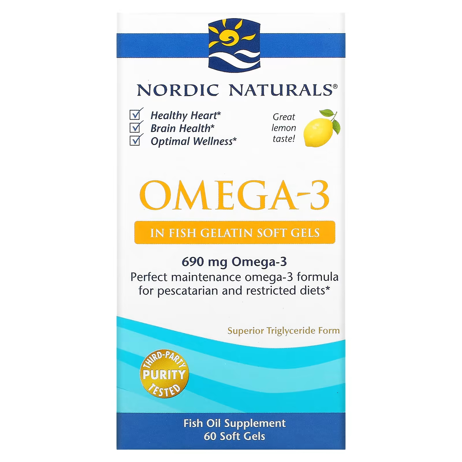 Nordic Naturals Омега-3 с лимоном, 690 мг, 60 мягких капсул из рыбного желатина (345 мг на гель) nordic naturals ultimate omega lemon 1280 мг 60 мягких капсул из рыбного желатина 640 мг в мягкой капсуле