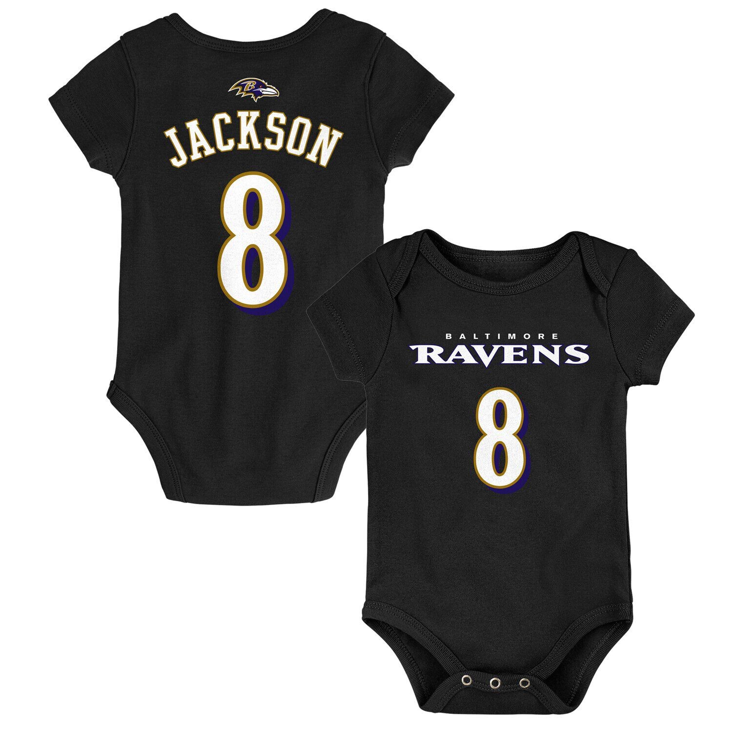 

Черный боди для младенцев Lamar Jackson Baltimore Ravens Mainliner с именем и номером Outerstuff