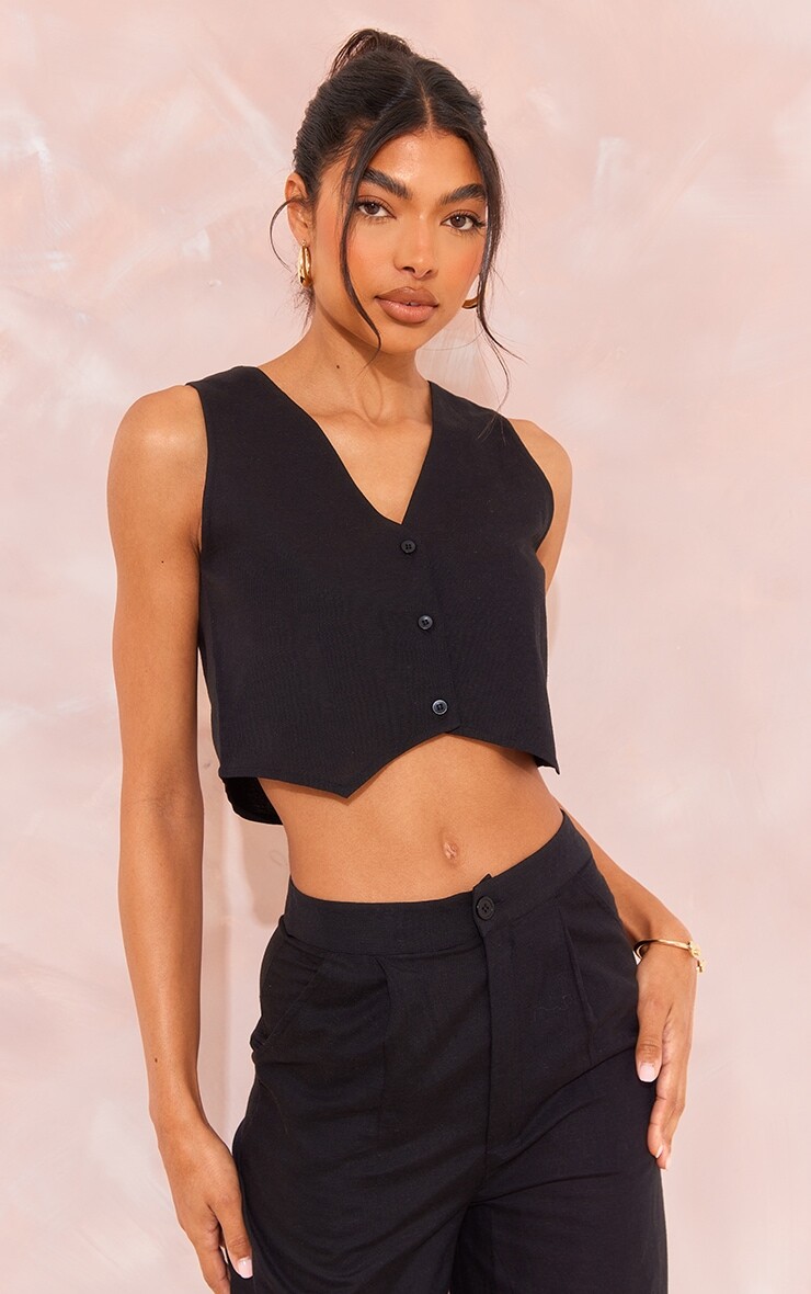

PrettyLittleThing Высокий черный льняной жилет