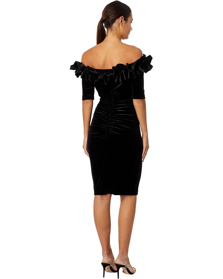 Платье XSCAPE Short Velvet Off-the-Shoulder Ruffle 3/4 Sleeve, черный