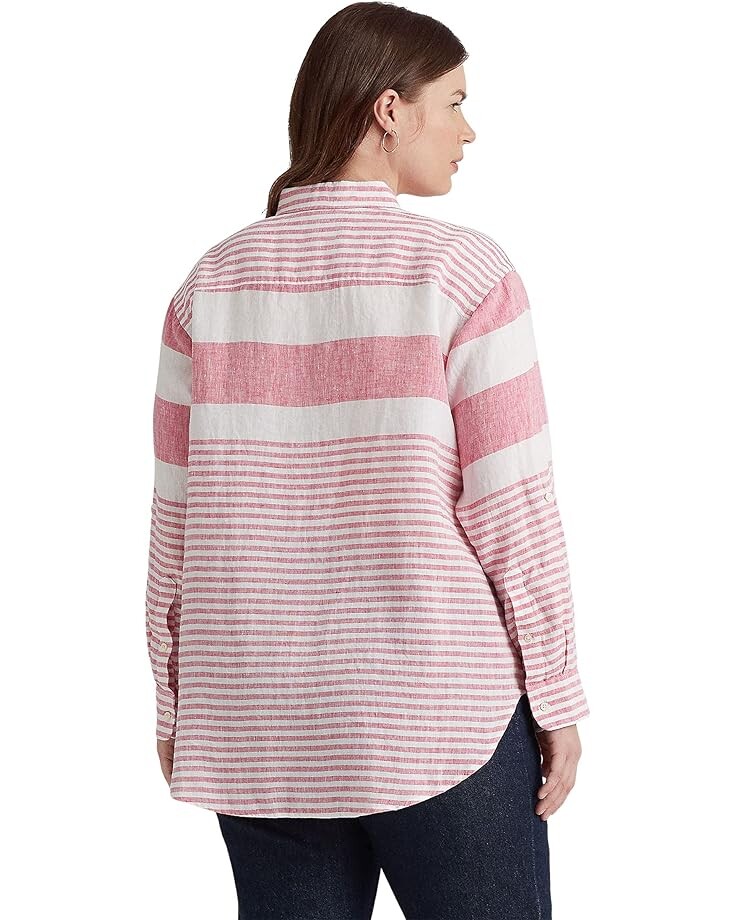

Рубашка LAUREN Ralph Lauren Plus Size Striped Oversize Linen Shirt, цвет Sport Pink/White