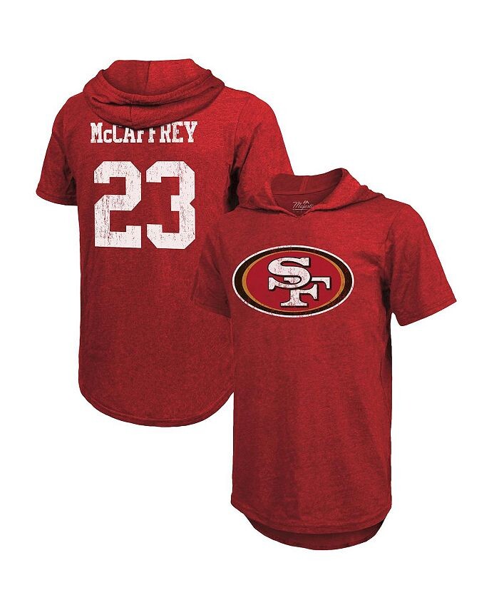 

Мужская футболка с капюшоном Christian McCaffrey Scarlet San Francisco 49ers с именем и номером игрока Tri-Blend с короткими рукавами Majestic, красный