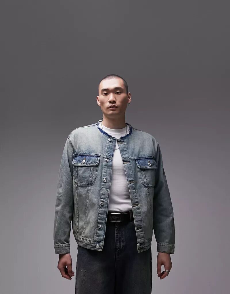 

Синяя джинсовая куртка оверсайз без воротника с цветным оттенком Topman