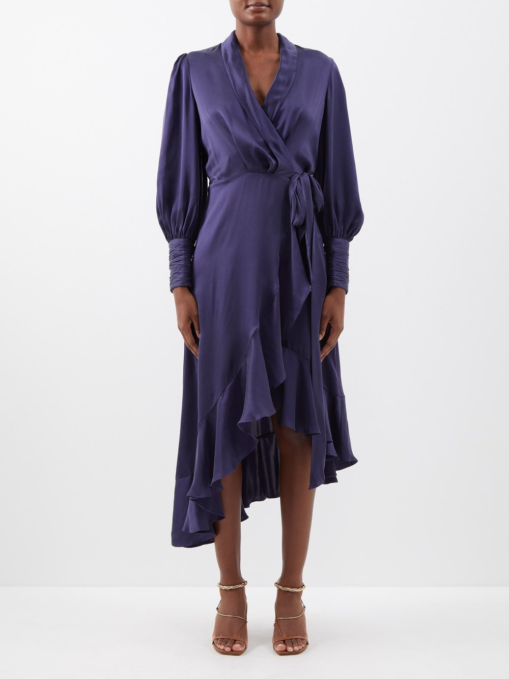Асимметричное платье с запахом из шелкового атласа и оборками Zimmermann, синий цена и фото