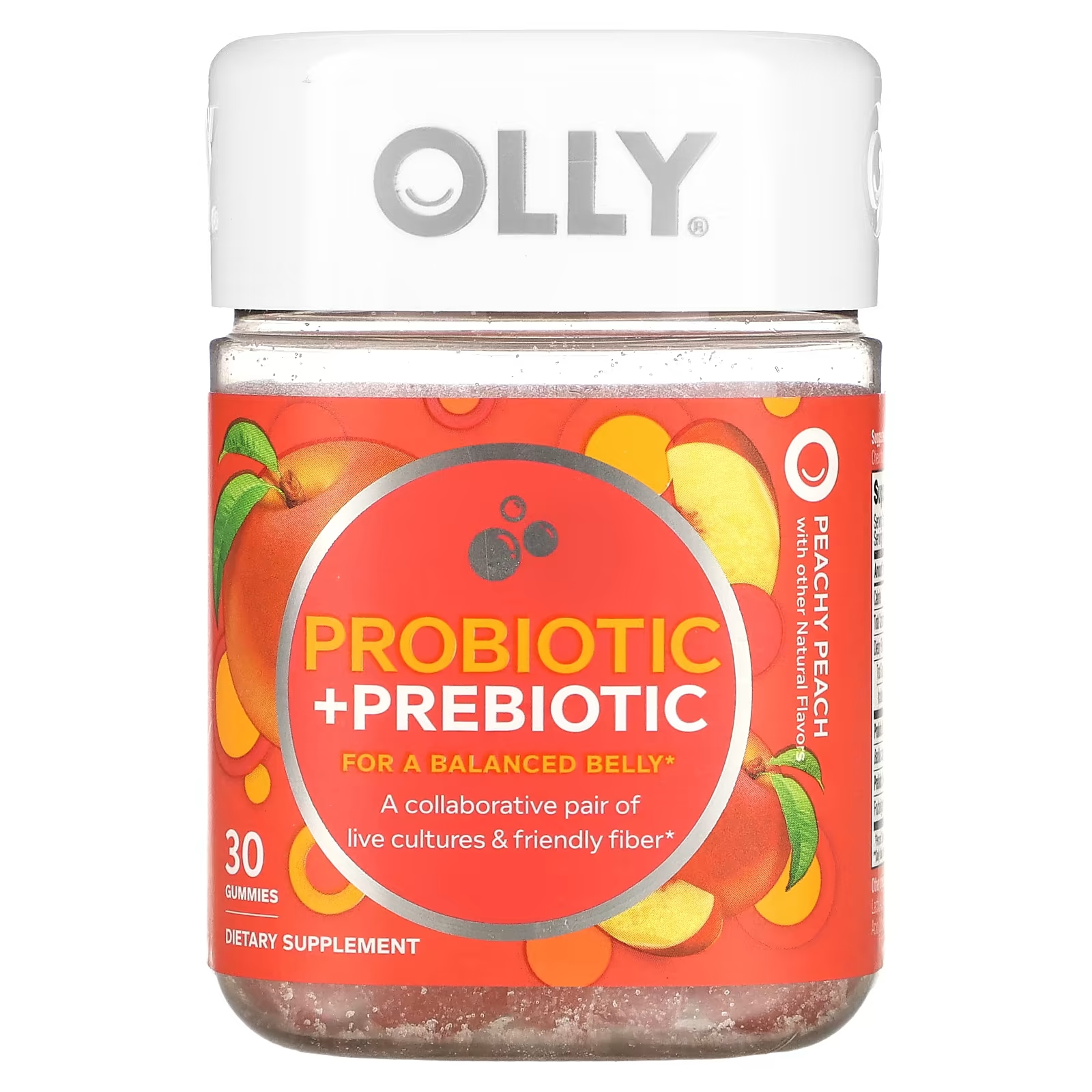 Пробиотик + Пребиотик Olly персик, 30 жевательных таблеток olly goodbye stress ягодная вербена 60 жевательных таблеток