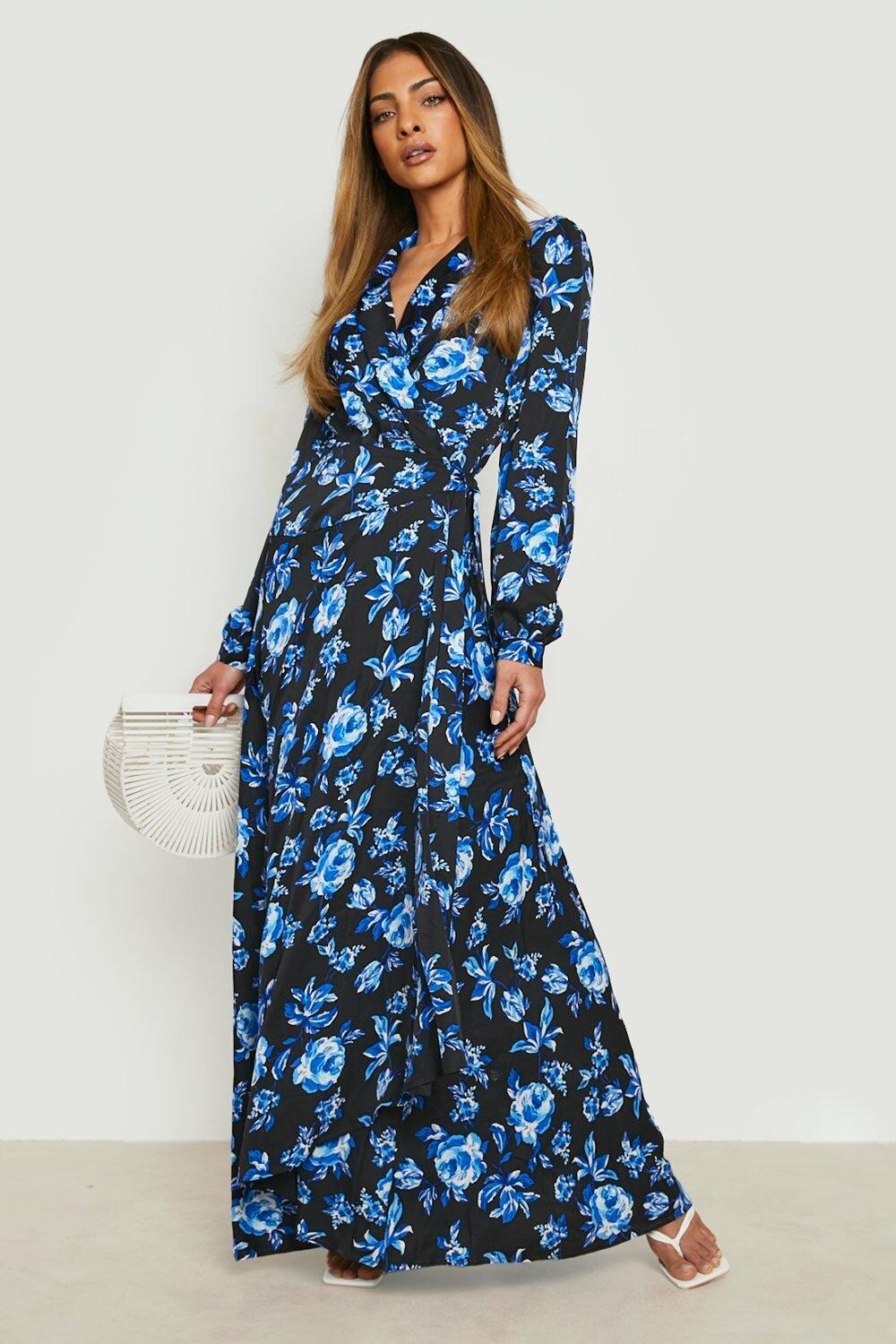 

Платье макси с цветочным запахом и поясом Boohoo, черный