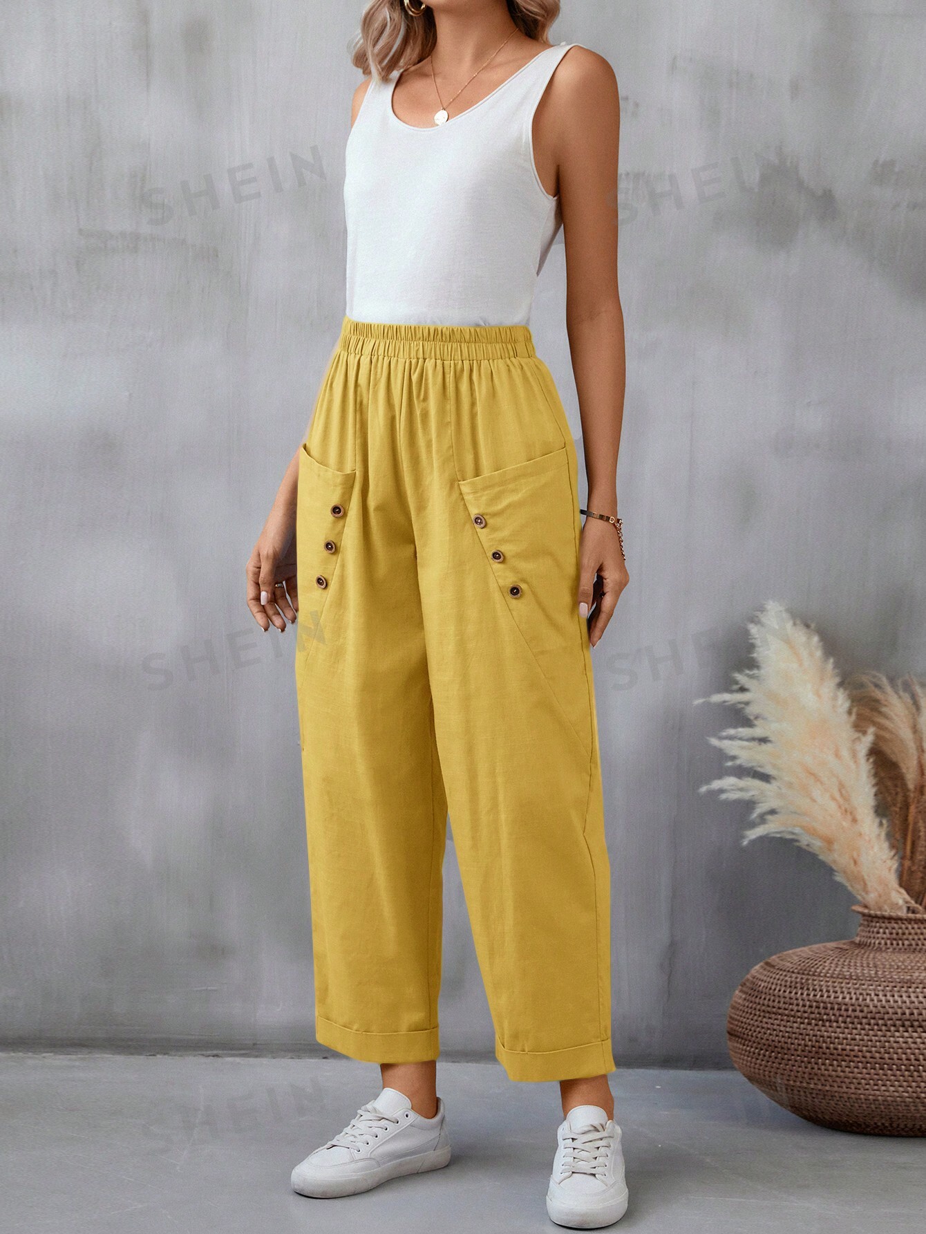 SHEIN LUNE Женские повседневные длинные брюки с двойными карманами и эластичной резинкой на талии, желтый фото