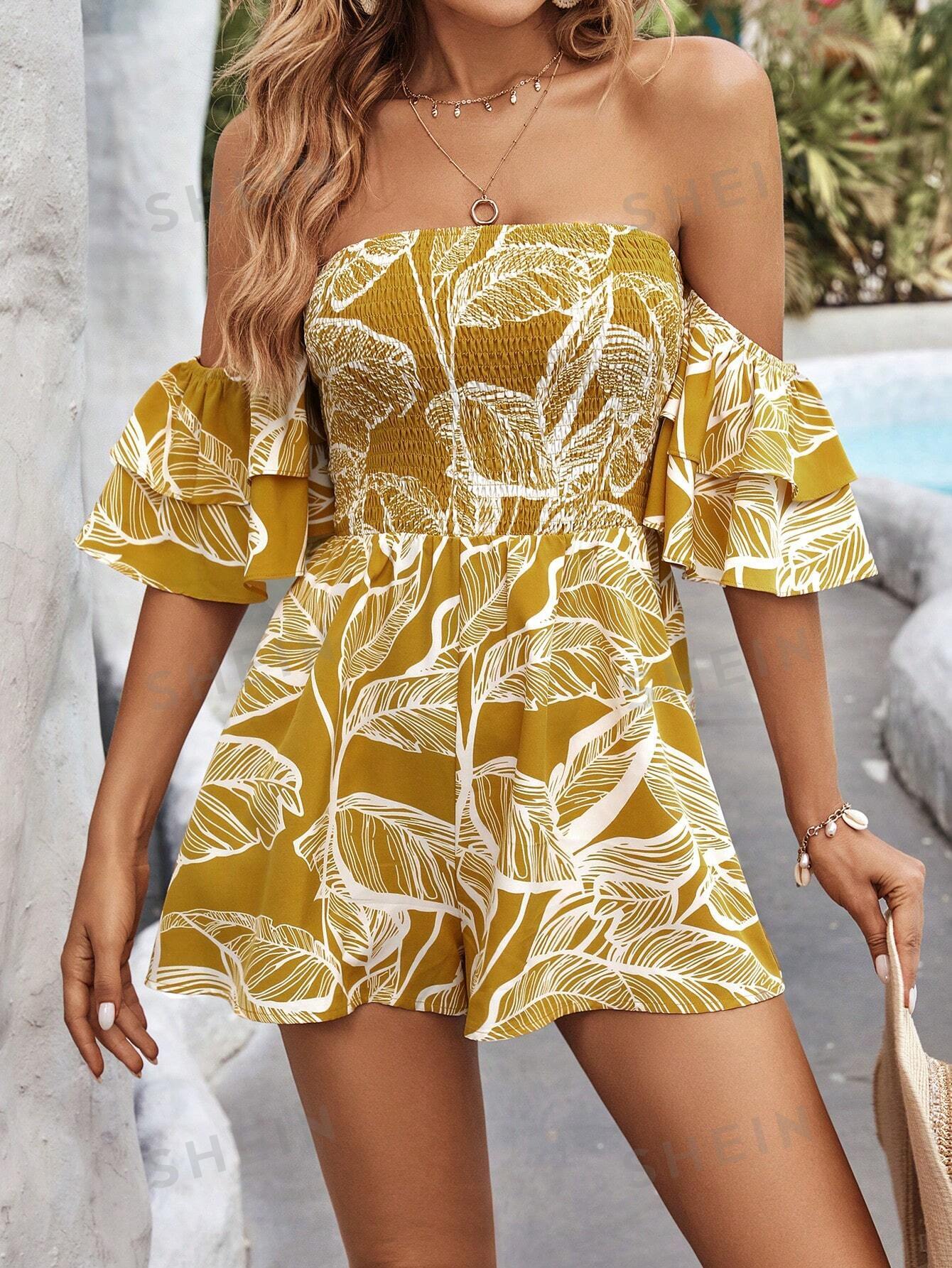 SHEIN VCAY Женский комбинезон с открытыми плечами и присборенным лифом с растительным принтом, желтый цена и фото