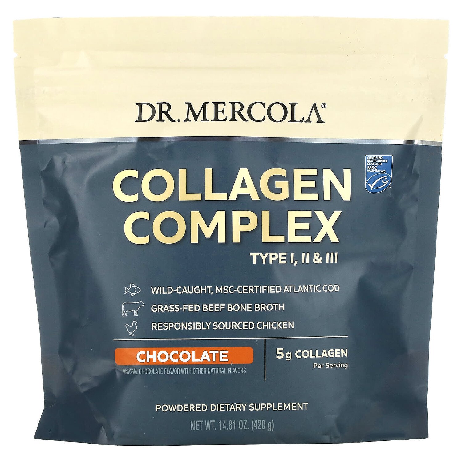 

Collagen Complex Type l, ll & lll, шоколад, 5 г, 420 г (14,81 унции), Dr. Mercola